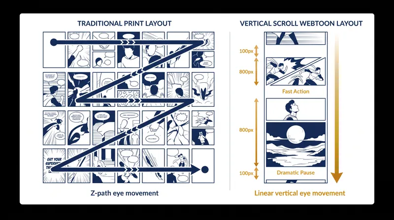 How the vertical scroll format replaces the traditional Z-path with variable gutter spacing to control time.