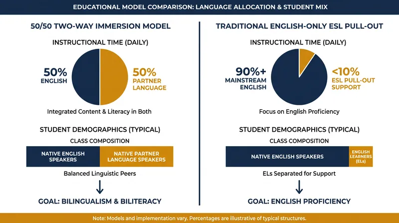 How instructional time is divided in a standard two-way immersion classroom.