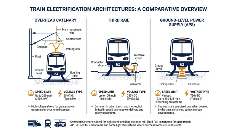 Comparing the speed limits, voltages, and physical mechanisms of the three primary rail electrification systems.