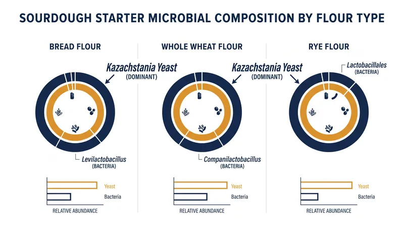 While Kazachstania yeast dominates all starters, the bacterial communities diverge sharply based on the baker's choice of flour.