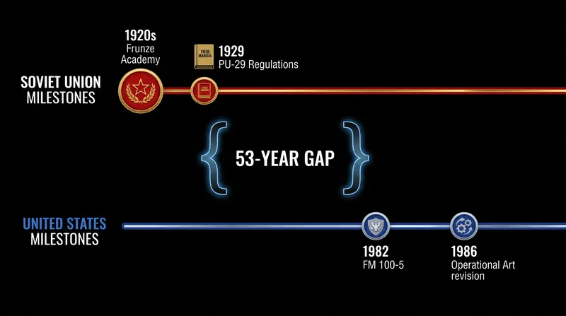The 53-year doctrinal gap between Soviet and U.S. formalization of the operational level.