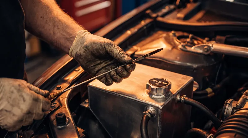 Checking the oil on a dry-sump engine requires the vehicle to be running at operating temperature to ensure the scavenge pumps have filled the tank.