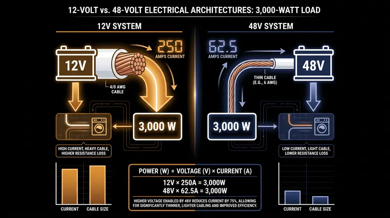 Quadrupling the system voltage cuts the required current by 75 percent, drastically reducing cable weight and thermal load.