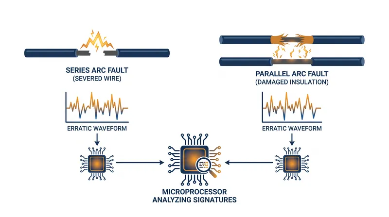AFCIs analyze electrical waveforms to detect dangerous series and parallel arcs hidden behind walls.