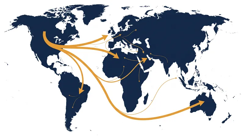 The global virtual water trade network relies heavily on a small cluster of exporting nations.