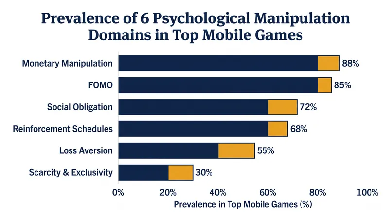 A 2025 analysis of the 20 top-grossing mobile games found high prevalence of monetary and psychological manipulation tactics.