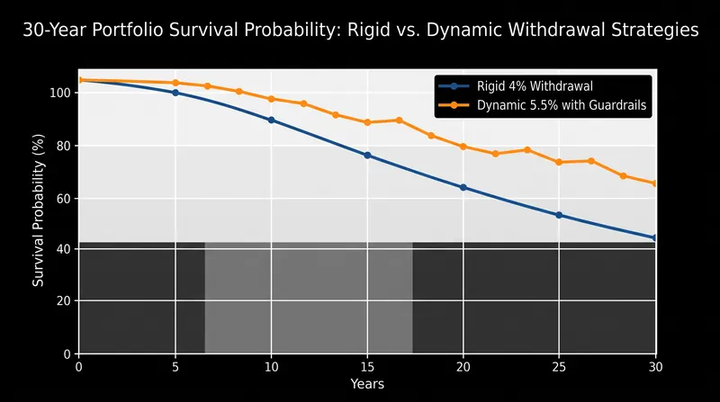 Dynamic guardrails mathematically prevent portfolio depletion by forcing spending reductions.
