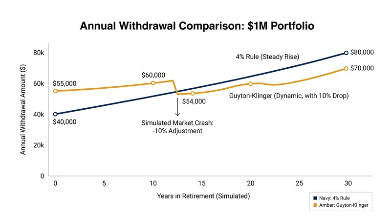 How a 10% guardrail cut affects nominal income compared to a rigid inflation-adjusted baseline.