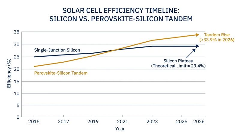 Tandem cell efficiency has bypassed the absolute theoretical limit of standard silicon in less than a decade.