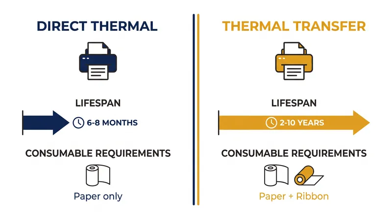 Thermal transfer extends label lifespan but requires managing a secondary ribbon consumable.