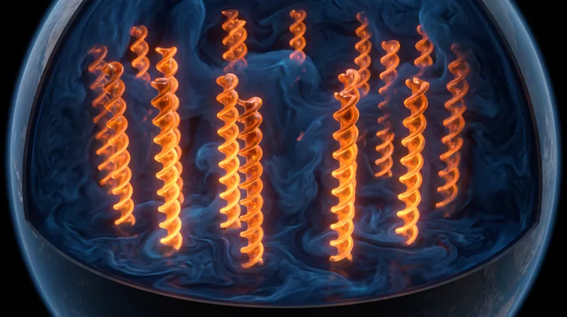 The Coriolis force organizes chaotic convection into spiraling Taylor cylinders, structuring the magnetic field.
