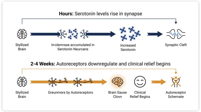 The chemical action of SSRIs occurs within hours, but the structural adaptation required for mood improvement takes weeks.