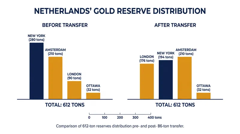 The DNB's 86-ton transfer reduces its U.S.-housed gold reserves from 31% to 17% of its total portfolio.
