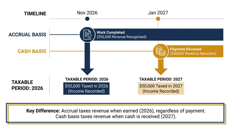 How the two accounting methods shift the tax liability of a single $50,000 invoice across calendar years.