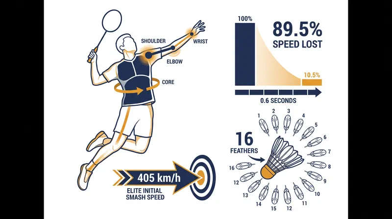 The kinetic chain maximizes energy transfer, but the shuttlecock's design immediately begins stripping that speed away.