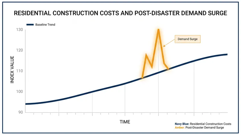 Post-disaster demand surge can temporarily inflate local construction costs by 20% to 60%.