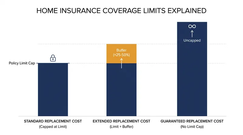 How the three tiers of replacement cost coverage respond to construction cost overruns.