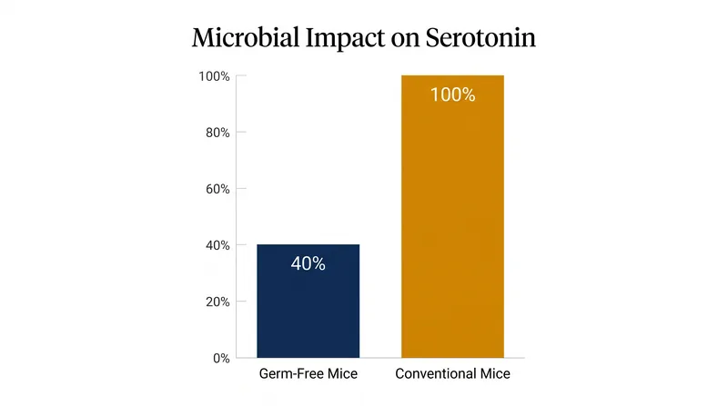Mice raised without a gut microbiome produce 60% less blood serotonin than those with normal gut bacteria.