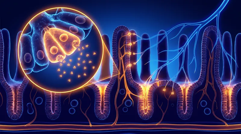 Enterochromaffin cells act as chemical sensors, releasing serotonin to signal the brain via the vagus nerve.