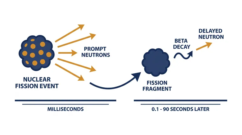 While prompt neutrons are released instantly, delayed neutrons arrive seconds later following the beta decay of fission fragments.