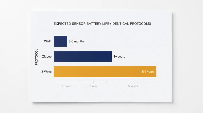 Expected battery lifespans for smart home sensors based on their communication protocol.