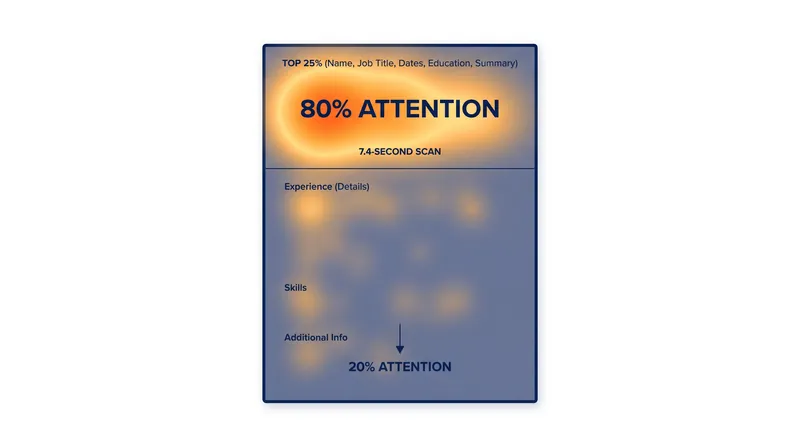 Eye-tracking data reveals that 80 percent of a recruiter's initial scan is concentrated on five specific zones at the top of the page.
