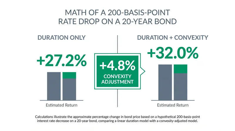 During a 2% drop in interest rates, relying solely on modified duration underestimates the bond's price appreciation by 4.8%.