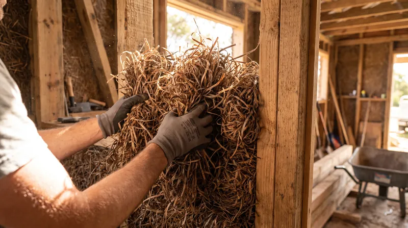 Dried Posidonia oceanica, a native seagrass, is used as a highly effective, low-carbon natural insulation in the walls and roofs.