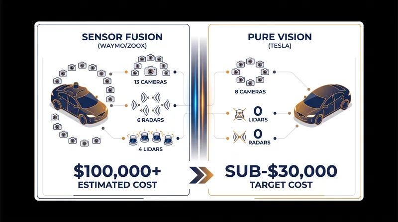The hardware divide: Sensor fusion prioritizes redundancy, while pure vision prioritizes manufacturing scale and low unit costs.