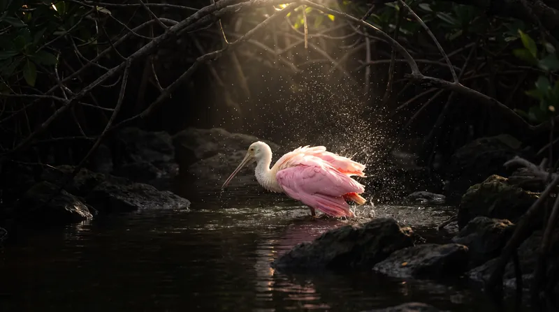 Jacqueline Burke captured the North American grand prize with a striking, high-speed shot of a Roseate Spoonbill bathing in Florida.