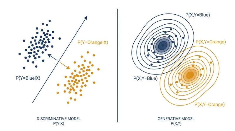 Discriminative models learn the boundary between classes, while generative models learn the distribution of the classes themselves.