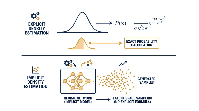 Modern deep learning often relies on implicit density estimation, bypassing exact mathematical probability calculations.
