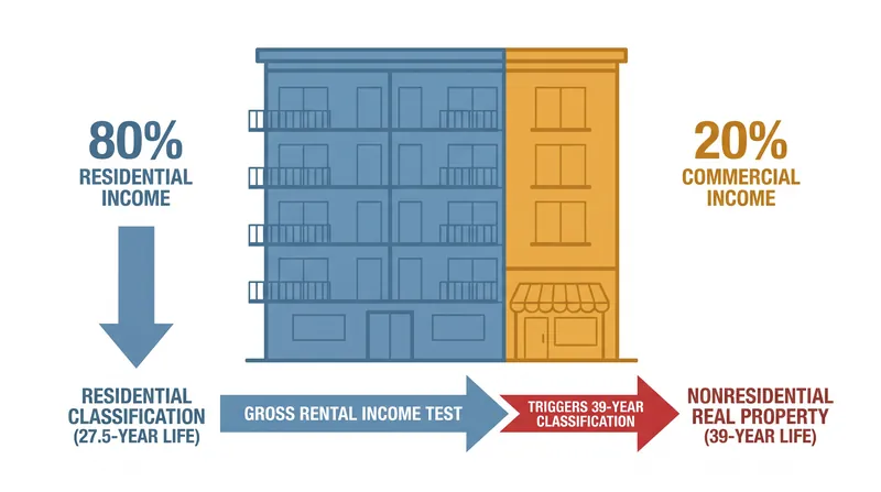 A building qualifies for the 27.5-year residential schedule only if 80 percent or more of its gross rental income comes from dwelling units.