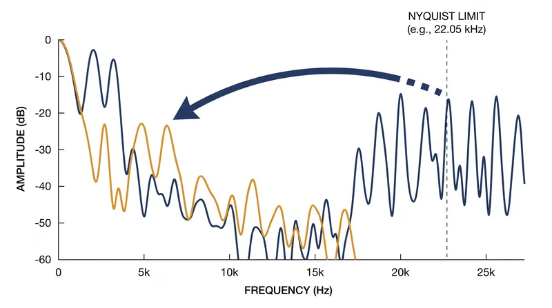 Frequencies above the Nyquist limit fold back into the audible spectrum as aliasing distortion.