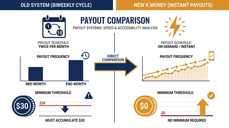 The transition to X Money eliminates the previous biweekly waiting period and minimum withdrawal thresholds.