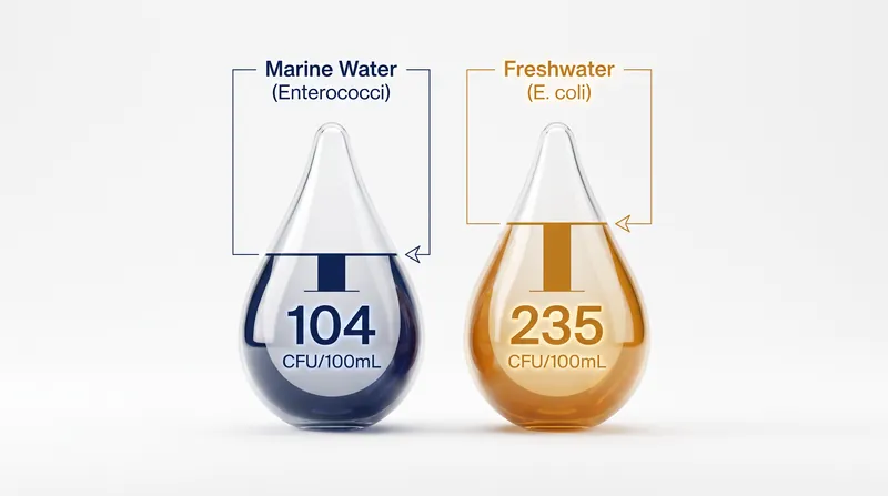 Federal guidelines establish strict numeric limits for indicator bacteria in both marine and freshwater environments.