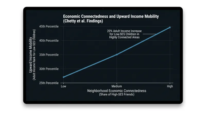 Economic connectedness is the strongest predictor of upward income mobility, driving a 20% baseline increase in adult earnings.