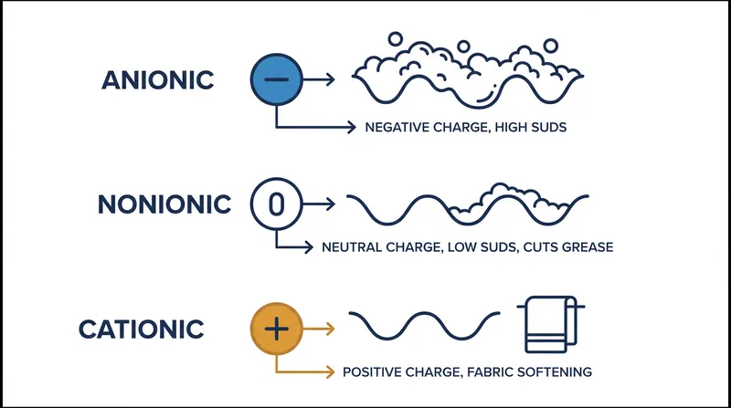 Surfactants are categorized by the electrical charge of their hydrophilic (water-loving) heads, which determines their cleaning or softening properties.