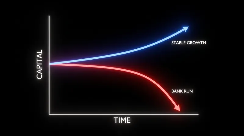 The model proves that a bank can exist in two mathematical states: stable solvency or rapid collapse.