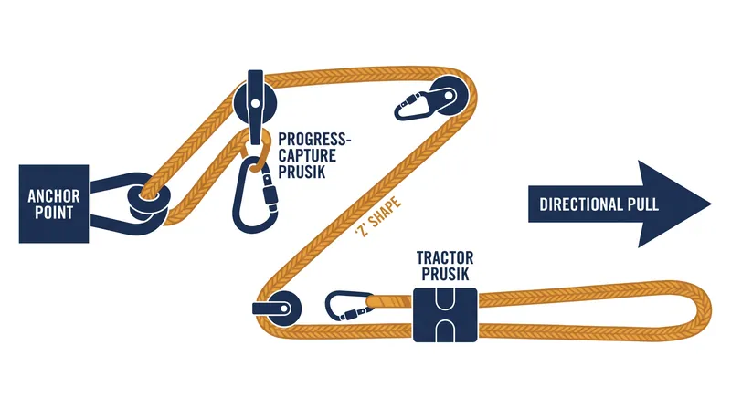 The 'Z' configuration folds the rope back on itself, creating a 3:1 mechanical advantage.