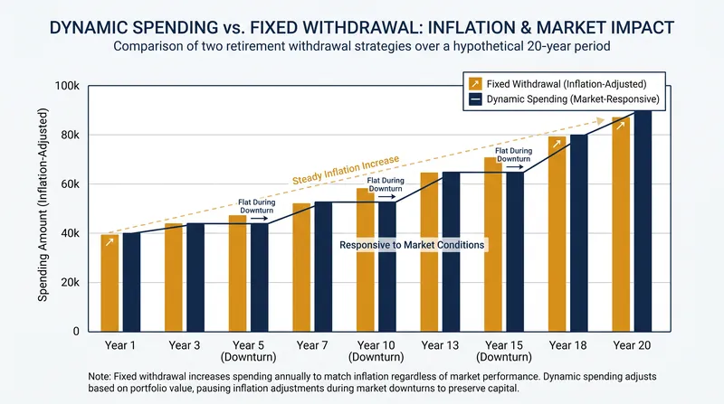 Dynamic spending models require retirees to freeze their income during market downturns, absorbing the cost of inflation to protect the portfolio.