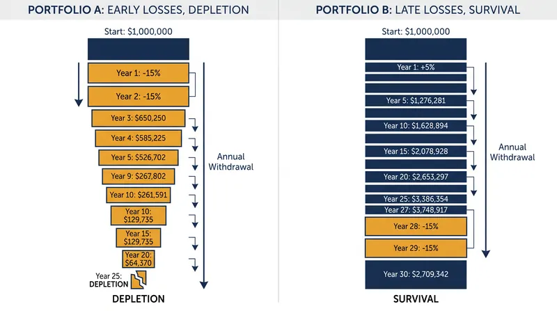 Sequence of return risk dictates that market drops early in retirement are mathematically devastating, while late-retirement drops are largely harmless.