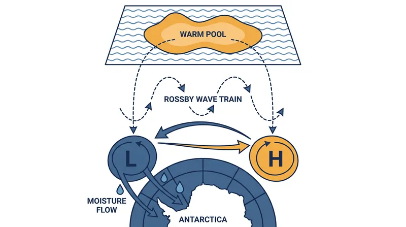How sustained heat in the tropical warm pool reshaped atmospheric circulation to funnel moisture into Antarctica.