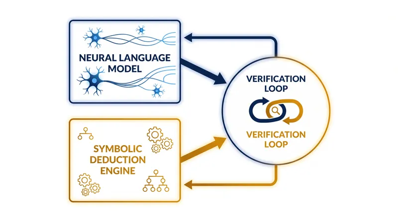 AlphaGeometry pairs a pattern-matching neural network with a strict symbolic deduction engine to solve complex theorems.