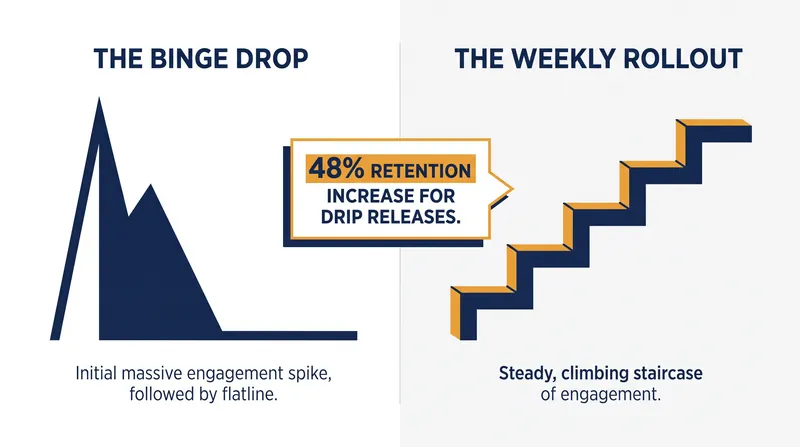 Weekly release schedules significantly outperform binge drops in long-term platform retention.