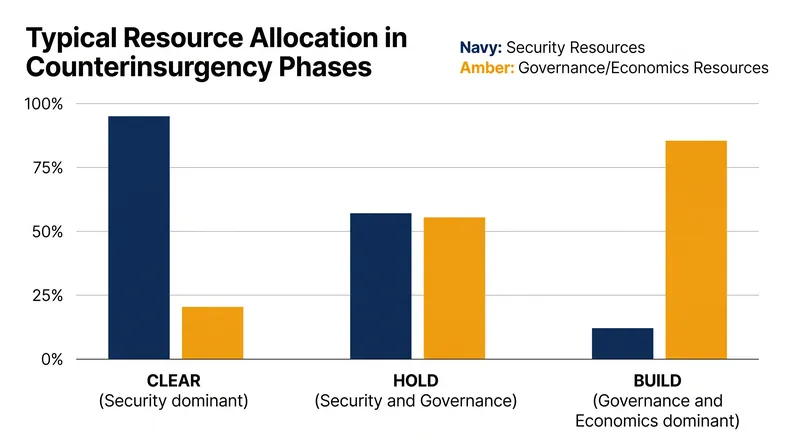 Resource allocation shifts from military to civilian agencies as the operational environment stabilizes.