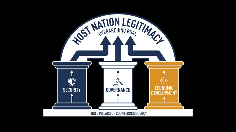 The doctrinal framework requires simultaneous advancement across military and civilian lines of effort.