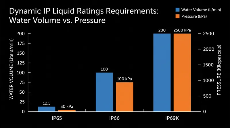 Dynamic water tests scale exponentially in volume and pressure, distinct from static submersion tests.