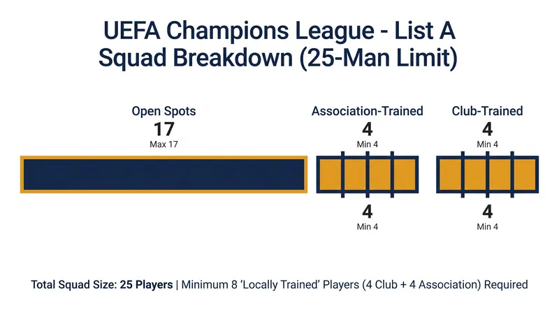 The mathematical breakdown of a full 25-man UEFA Champions League List A roster.