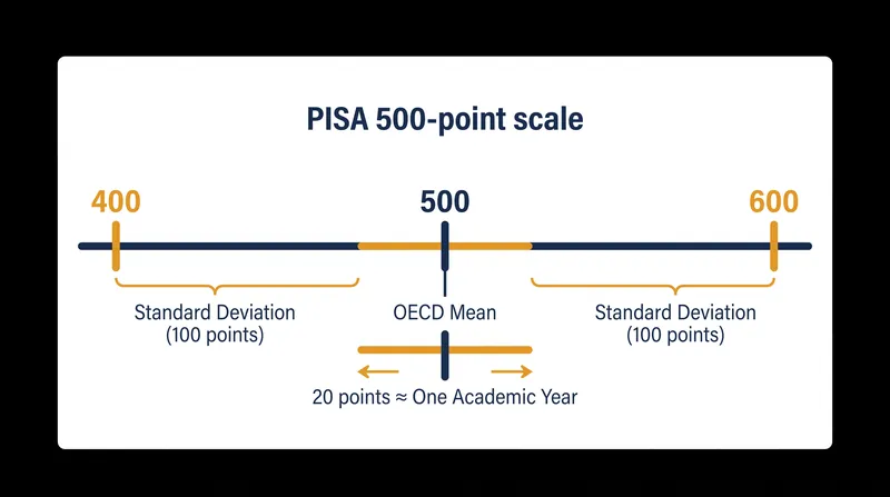 The PISA scale is standardized to translate abstract points into years of human development.